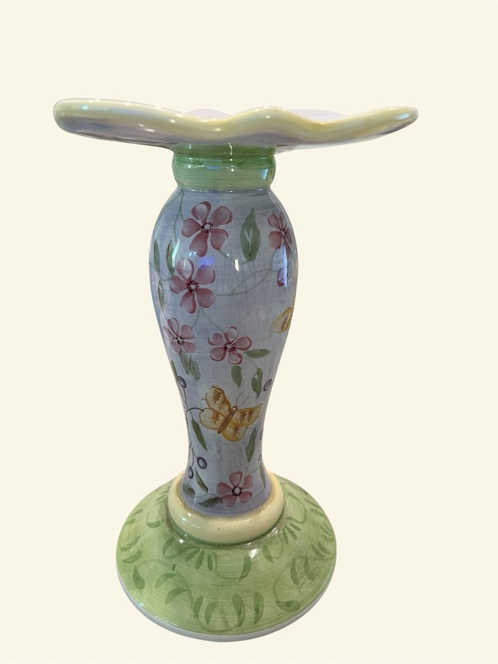 Hand-Painted Ceramic Floral and Butterfly Pillar Candle Stand